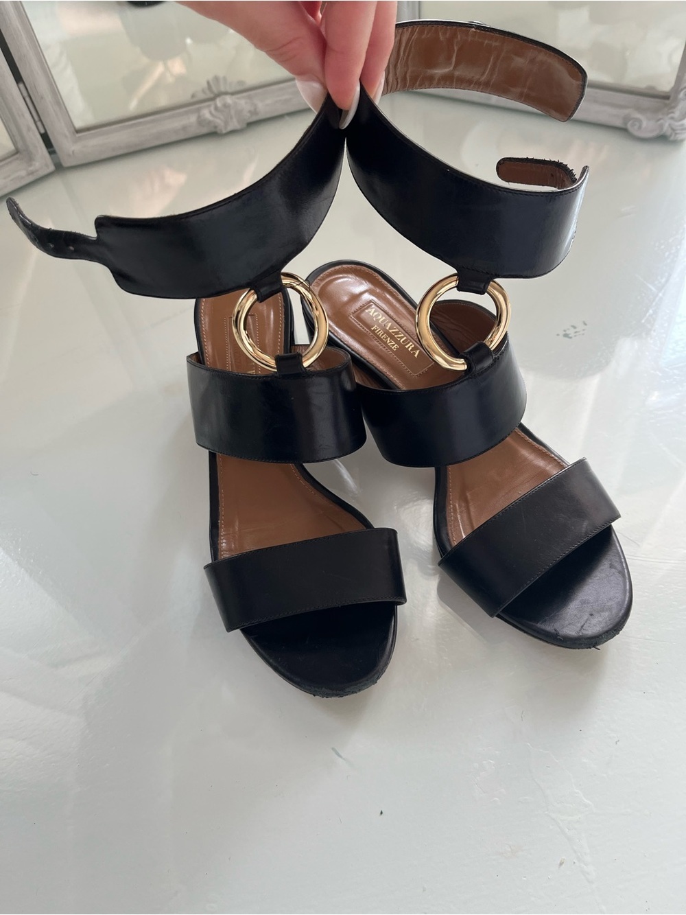 Aquazzura Black Leather Sandals with Gold Ring Detail
